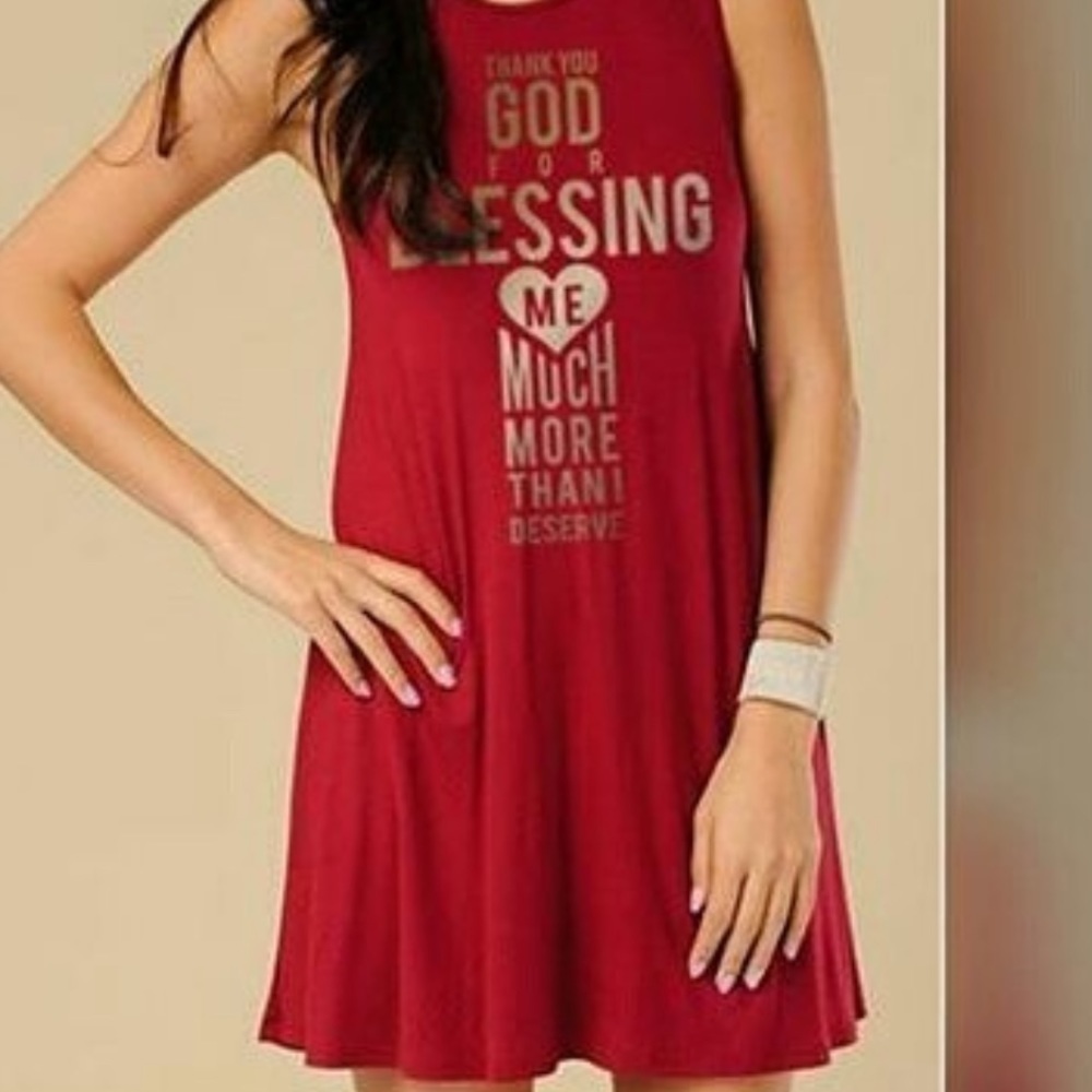 BURGUNDY swing dress with inspirational gold writing. Small